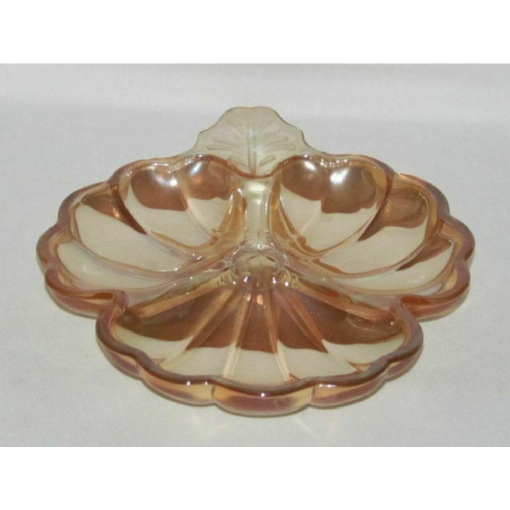 Jeannette Glass DORIC Marigold Iridescent 3-Part Cloverleaf Shaped Candy Dish